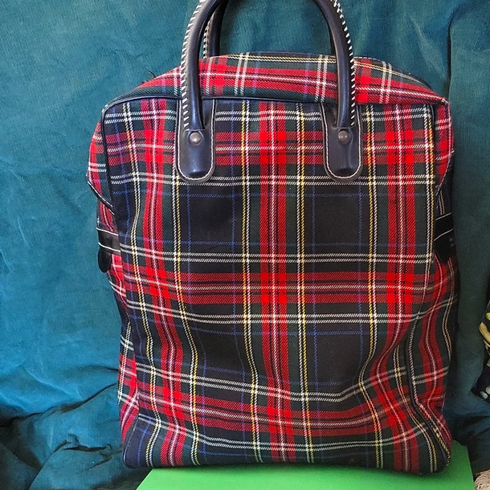 Vintage 60's Red & Black Plaid Structured Luggage Travel Bag Groovy